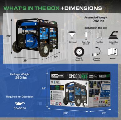 DuroMax XP13000HXT generator dimensions and included accessories overview.