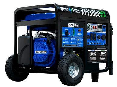 DuroMax XP13000HX dual fuel portable generator with wheels and control panel.