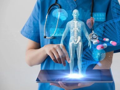 Nurse holding tablet with human figure and medical icons.