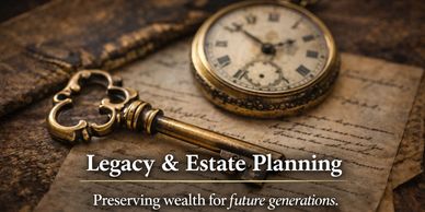 An antique key and pocket watch on old documents symbolize legacy and estate planning.