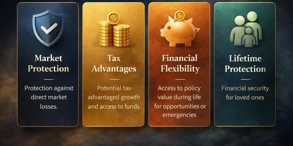 Four benefits of financial products: market protection, tax advantages, financial flexibility, and lifetime protection.