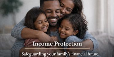 Happy family embracing, symbolizing income protection and financial security.
