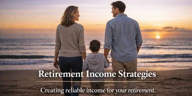 Family holding hands on beach at sunset, symbolizing retirement planning.