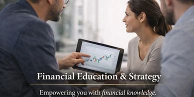 People discussing financial education and strategy with a laptop showing stock charts.