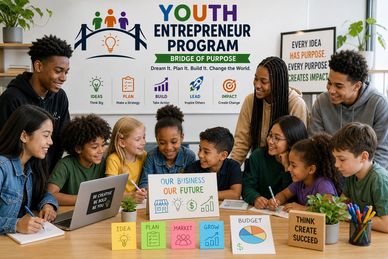 Diverse youth collaborating on a business project in an entrepreneur program.