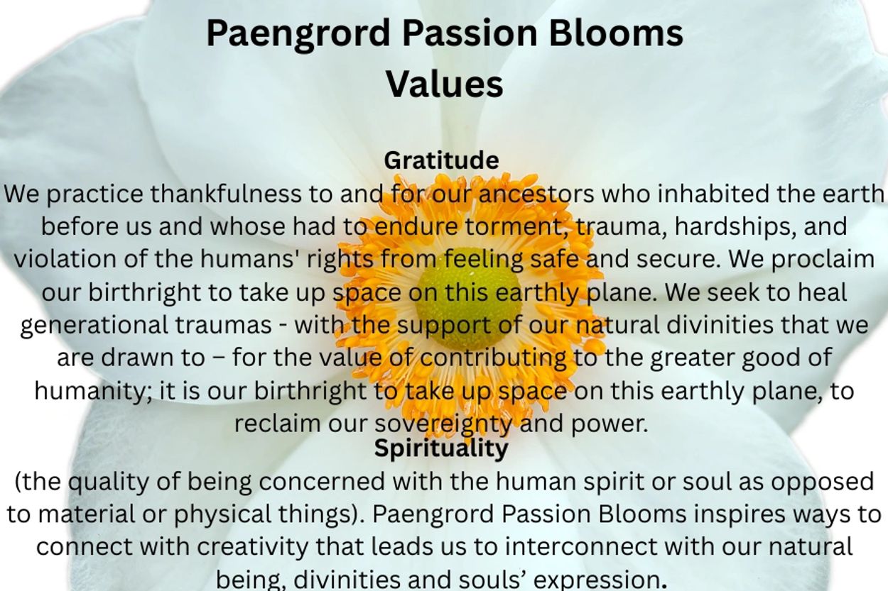 Paengrord Passion Blooms values of gratitude and spirituality with a white flower background.