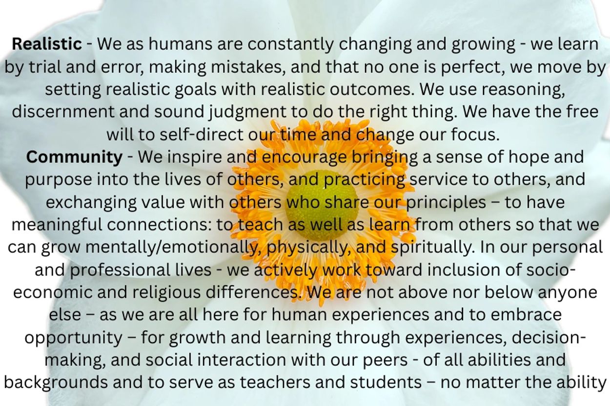 Text about being realistic and community with a flower background.