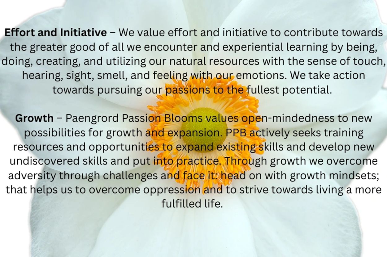 Text overlay on a white flower about valuing effort, initiative, and growth for personal and communal development.