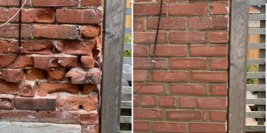 Before and after photo showing brick wall restoration and repair work.