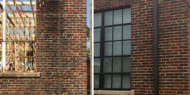 Side-by-side comparison of a damaged brick wall and its repaired version with a new window.