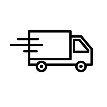 Black and white icon of a delivery truck in motion.
