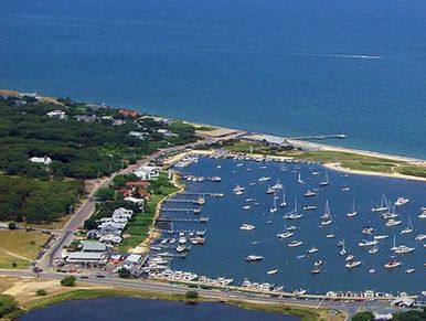 Aerial view of a marina with numerous boats docked and sailing.