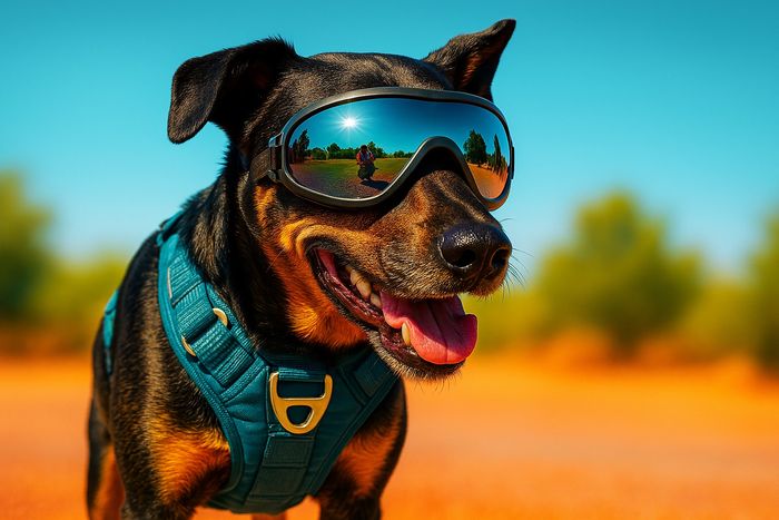A happy dog wearing blue harness and reflective sunglasses outdoors.