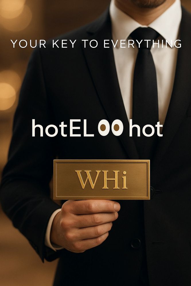 Man in a suit holding a hotel room key with the sign 'WHI'.