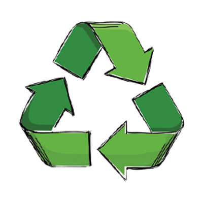 A green recycling symbol with three arrows forming a triangle.