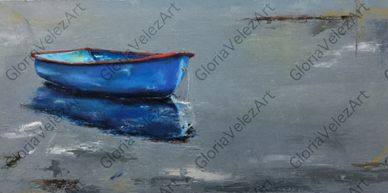 A solitary blue boat reflected on calm, gray water with subtle texture.
