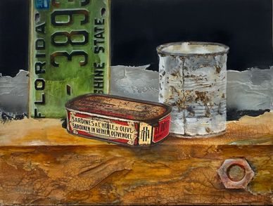 Still life with old rusted items including a Florida license plate.