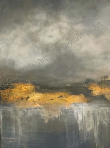 Abstract painting with gold and gray tones.