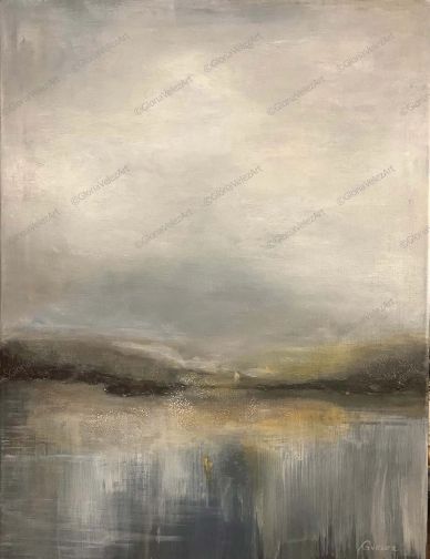 Abstract landscape with cloudy sky and reflective water.