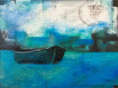 Abstract painting of a boat on blue water under a bright sky.