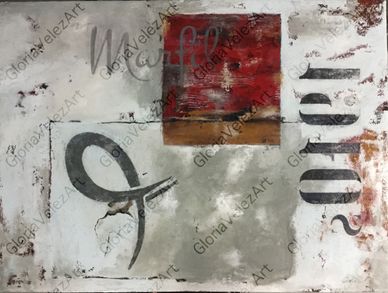 Abstract mixed media art with text and textured squares in muted tones.