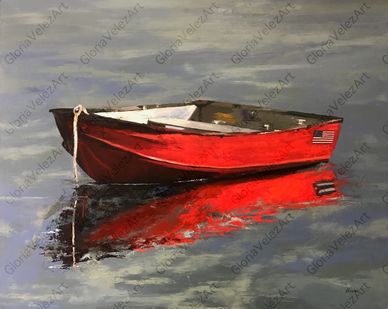 A red rowboat with an American flag reflected in calm water under a cloudy sky.