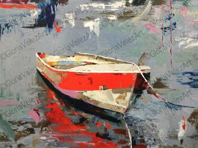 A red and white boat floating on calm, reflective water with abstract surroundings.