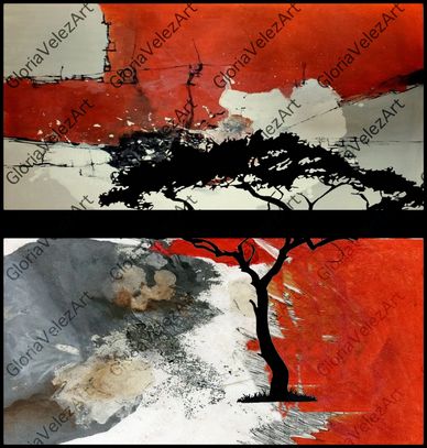 Abstract paintings featuring black trees against red, white, and gray textured backgrounds.