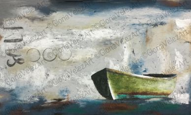 A solitary green boat on calm water under a cloudy sky.