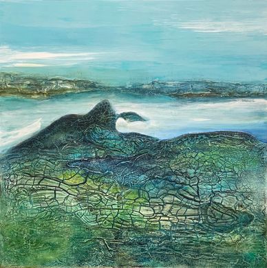 Abstract landscape with textured green and blue tones.