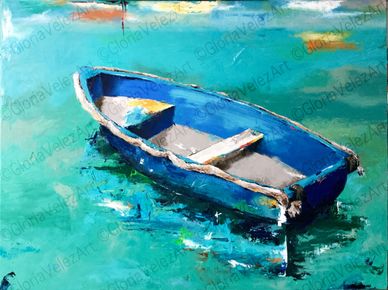 A blue rowboat floating on clear turquoise water.