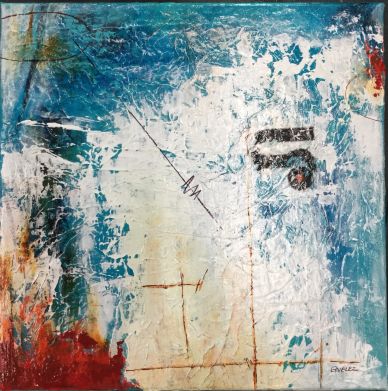 Abstract painting with blue, white, red, and black colors.