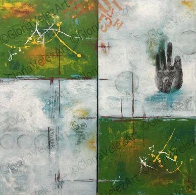 Abstract painting with green, gray, and symbolic hand gesture elements.