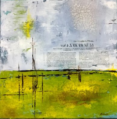 Abstract landscape art with green field and cloudy sky.