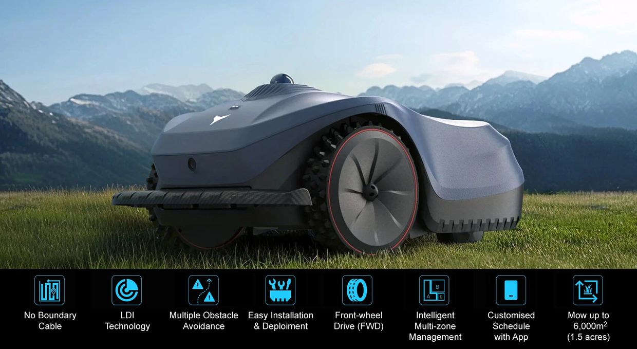 Autonomous robotic lawn mower with advanced features for efficient mowing.