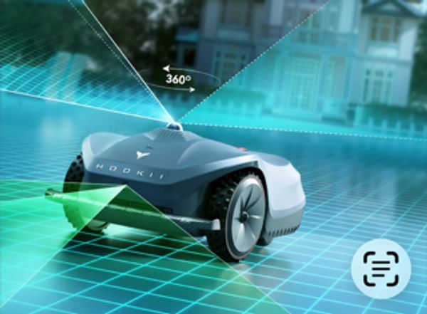 Autonomous robotic lawn mower mapping a garden with 360-degree sensors.