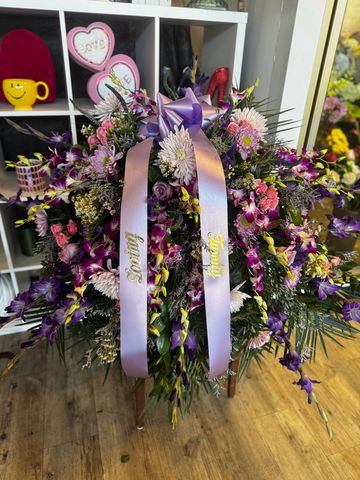 Casket Spray Purple and light pink flowers (C1)