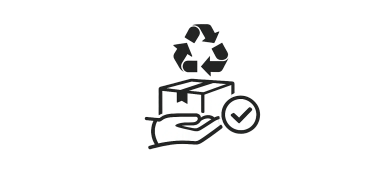 Icon of a hand holding a box with a checkmark and recycling symbol above.