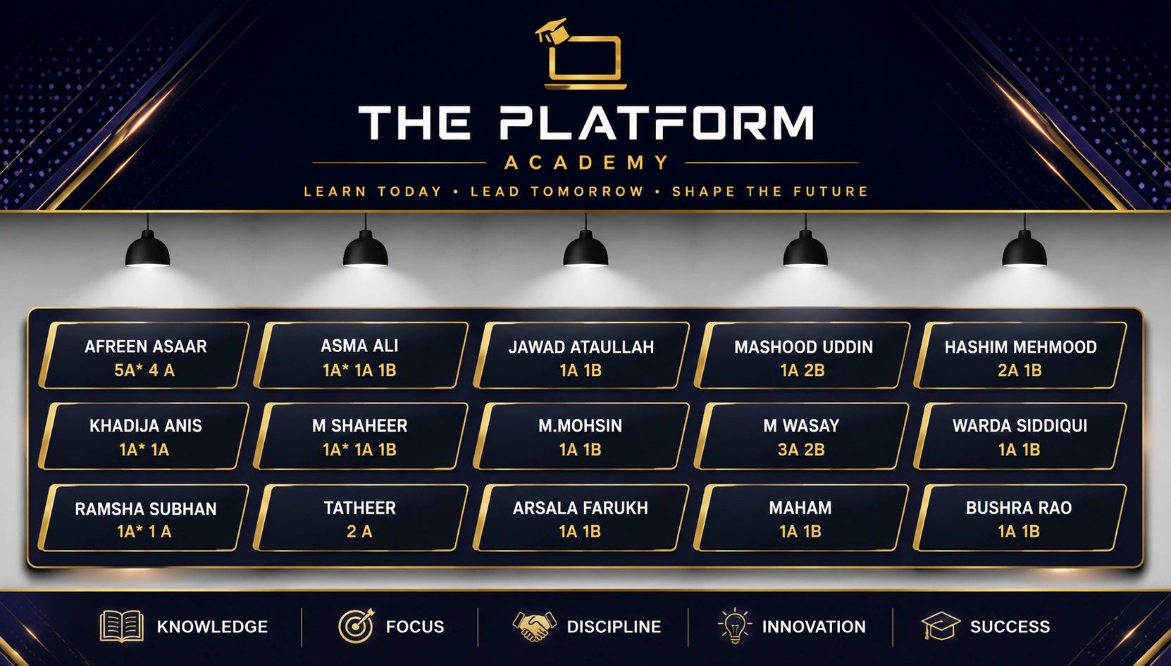The Platform Academy honors top students with their names and grades displayed under a glowing header.