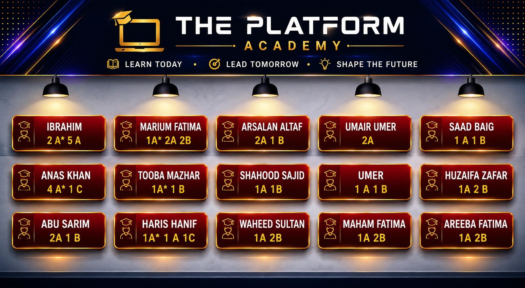 The Platform Academy showcases top students and their grades under a modern, illuminated display.