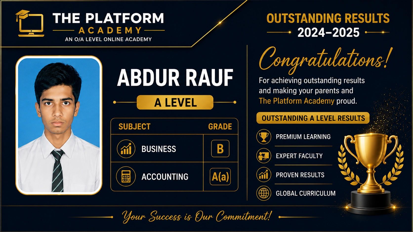 Abdur Rauf's A Level results from The Platform Academy with Business B and Accounting A(a).