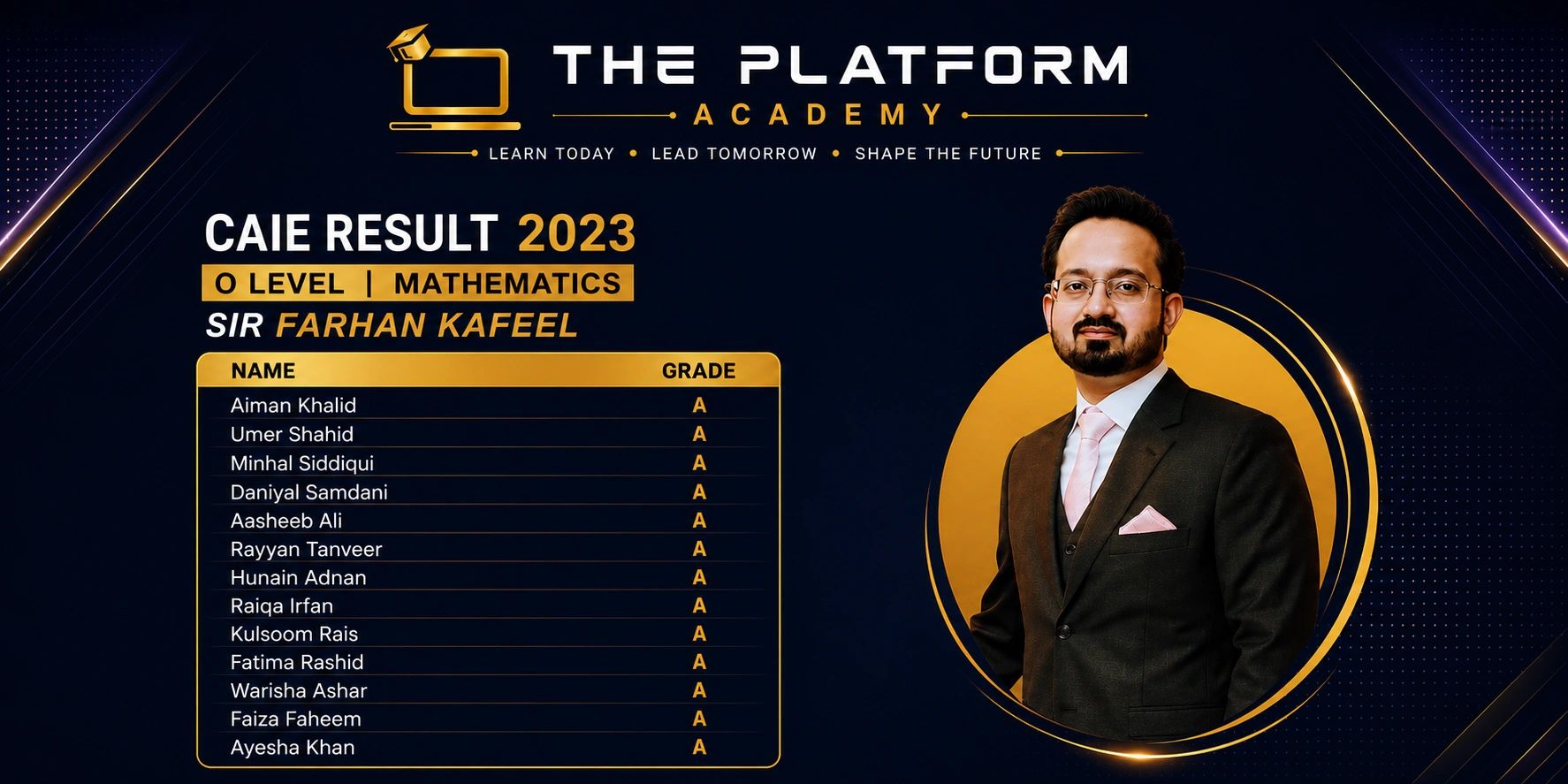 The Platform Academy 2023 O Level Mathematics CAIE results with all students achieving grade A.