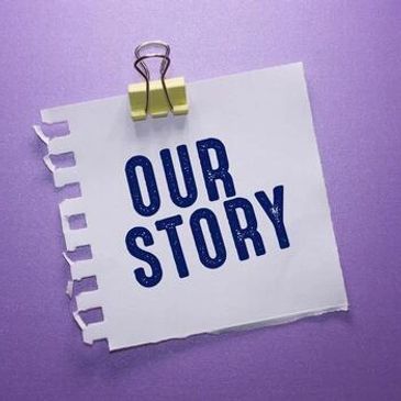 Note with "OUR STORY" clipped on purple background.