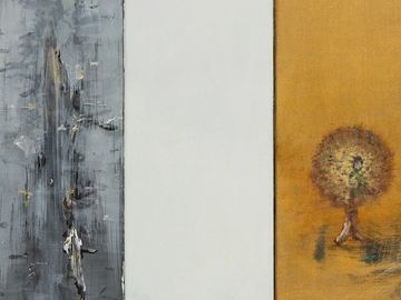 Three-panel abstract painting with vertical textures and contrasting colors.