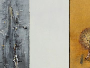 Three-panel abstract painting with vertical textures and contrasting colors.