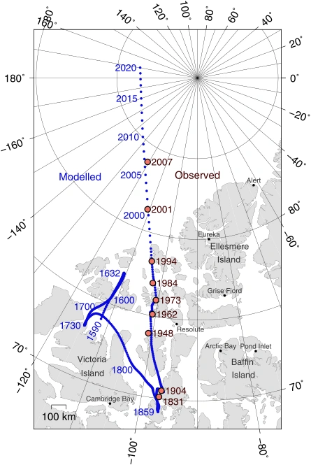 The movement of Earth's north magnetic pole across the Canadian arctic.