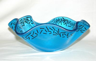 Tranquility Bowl-organically shaped, blue fused glass with black streamer border