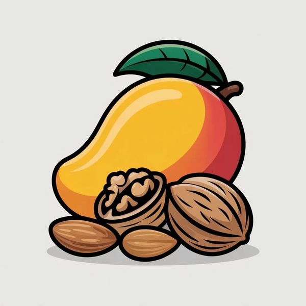 Illustration of a mango with walnuts and almonds.