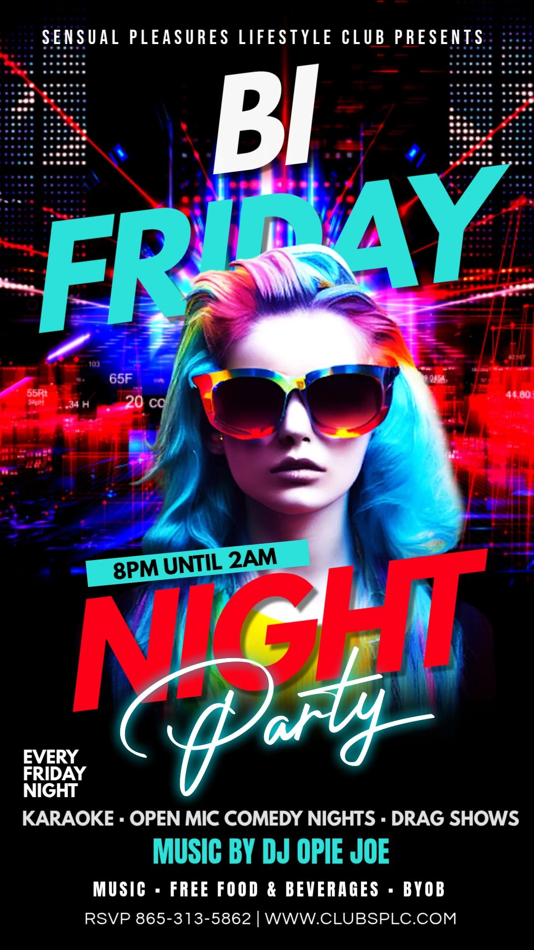 Vibrant Friday night party flyer with colorful hair and sunglasses.