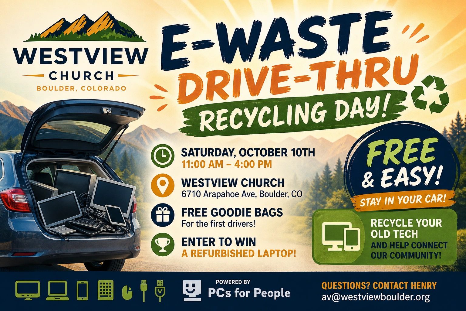 Westview Church e-waste drive-thru recycling event in Boulder, CO.